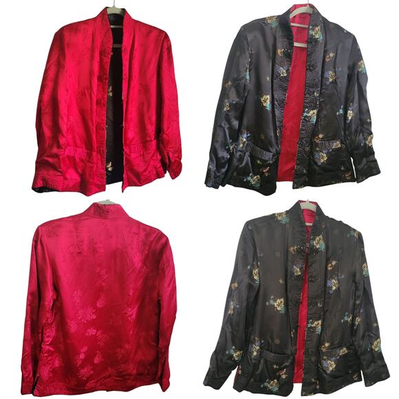 Vtg 1949 Reversible Chinese Silk Jacket Red Black Tang Floral Embroidered M - Picture 1 of 14